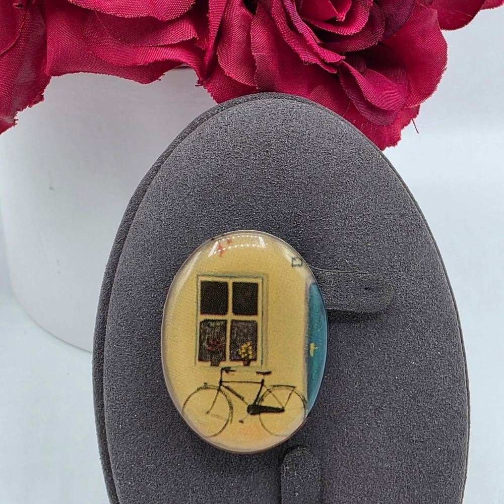 Vintage Bicycle Window Scene Oval Resin Brooch Yellow Teal Whimsical Art Pin